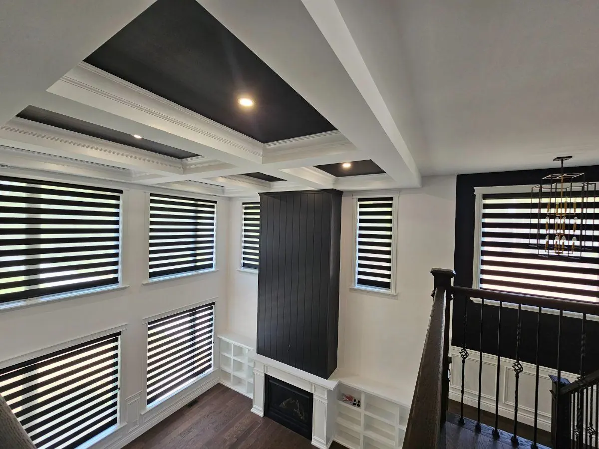 Two-Storey Black Zebra Blinds by WE Blinds