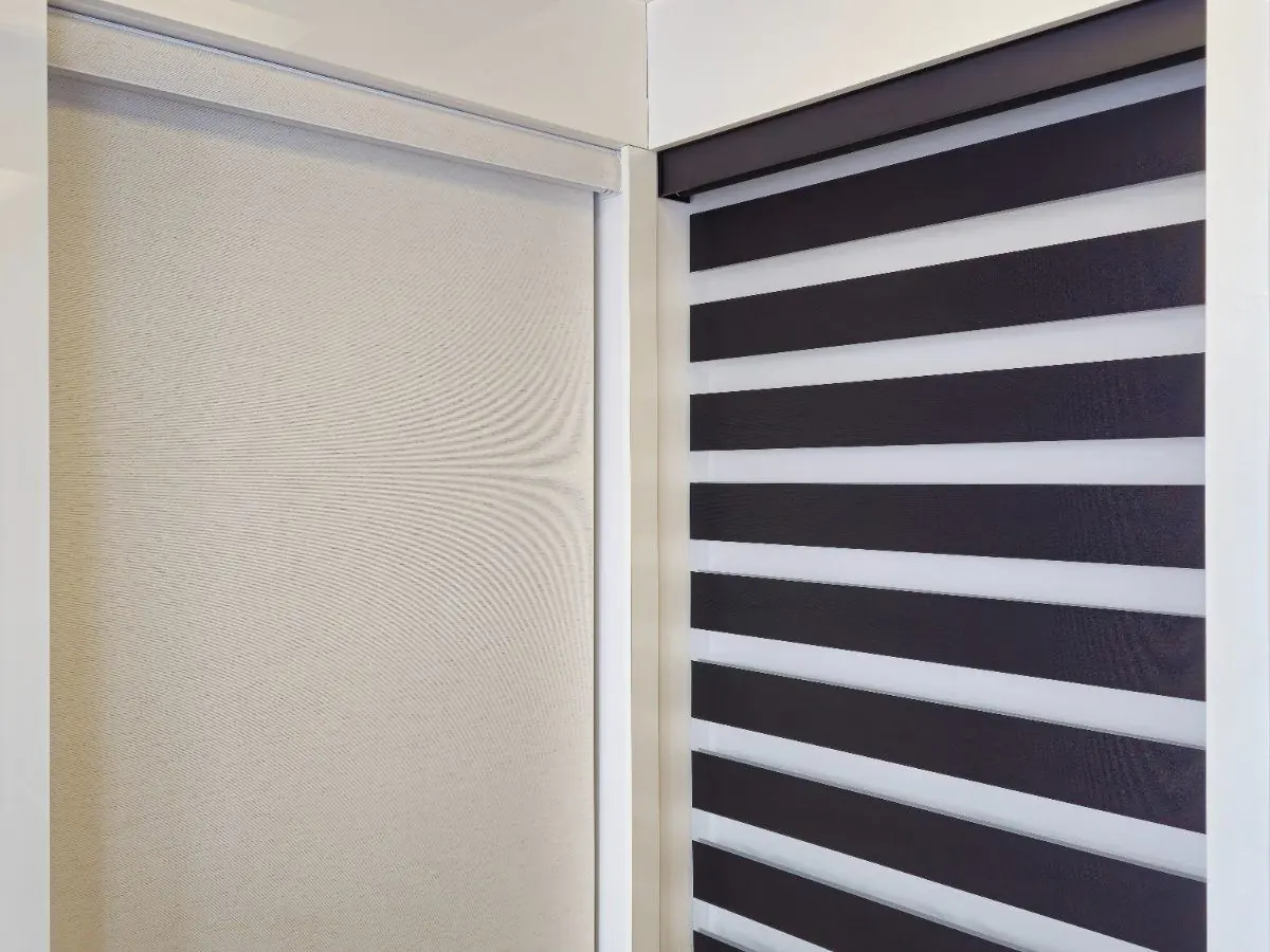 Zebra and roller blind display at the WE Blinds showroom in Harrow