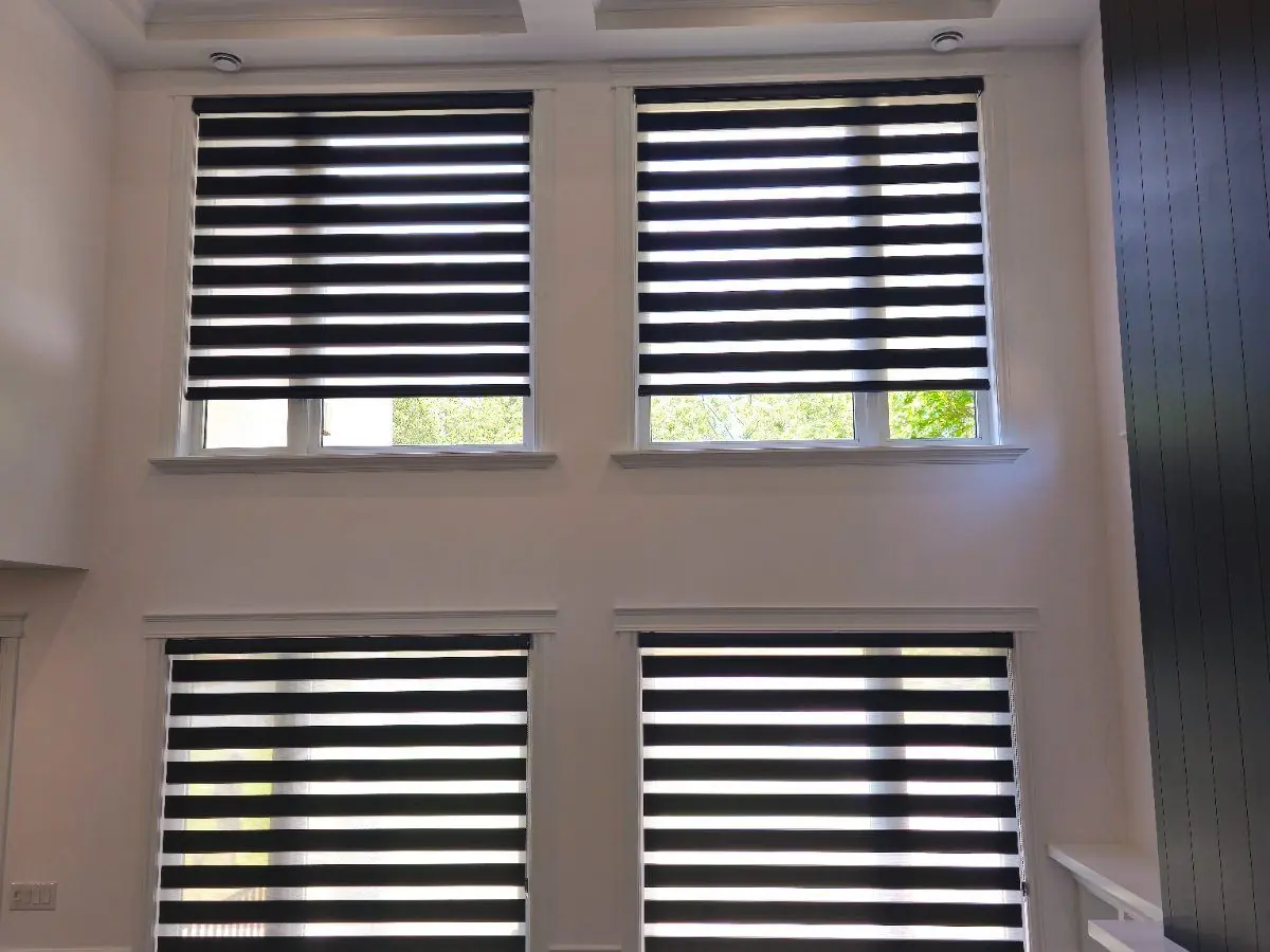 Stacked Black Zebra Blinds by WE Blinds